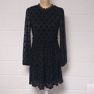 BLU PEPPER POLKA DOTS, FULL SHEER LONG SLEEVES, CROCHET NECK, TIERED DRESS